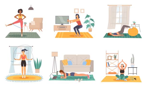 ilustrações de stock, clip art, desenhos animados e ícones de home sport training. female fitness activity in room, healthy lifestyle and workout scenes set, girl doing physical exercises yoga and gymnastics in house gym with sports equipment vector set - athlete muscular build yoga female