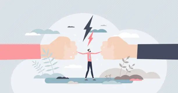 Vector illustration of Mediation as conflict compromise and solution management tiny person concept