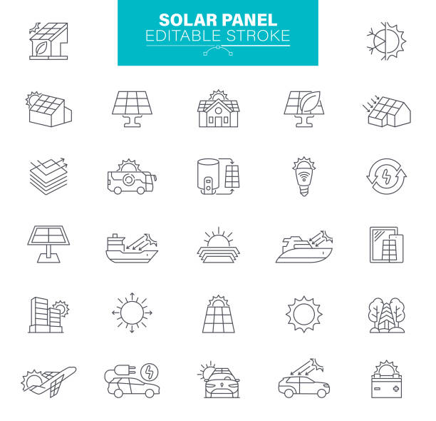 illustrazioni stock, clip art, cartoni animati e icone di tendenza di icona pannelli solari, tratto modificabile. il set contiene icone pannello di controllo, casa, energia solare - pannelli solari