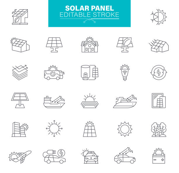 ikona paneli słonecznych, edytowalny skok. zestaw zawiera ikony panel sterowania, dom, energia słoneczna - solar power station sun panel energy stock illustrations