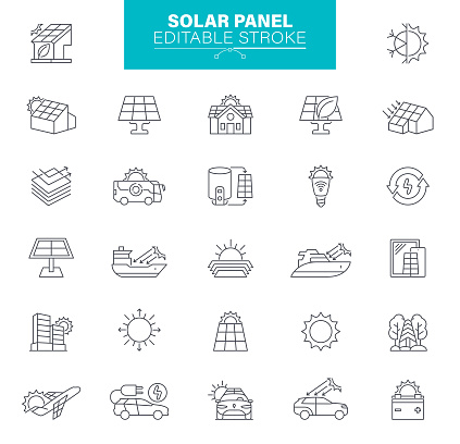 Solar panels icon set. Sun energy, renewable source of energy, ecofriendly source of electricity.