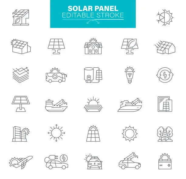 Vector illustration of Solar Panels Icon, Editable stroke. Set contains icons Control Panel, House, Solar Energy