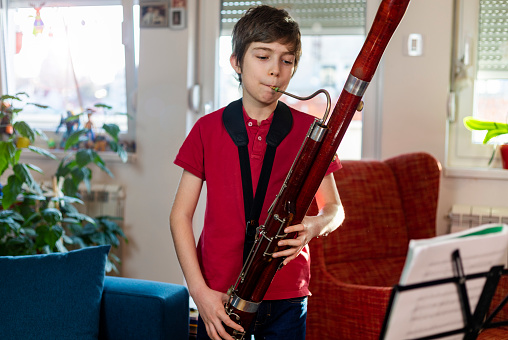 Shoot of boy with wind instrument practice  at home.