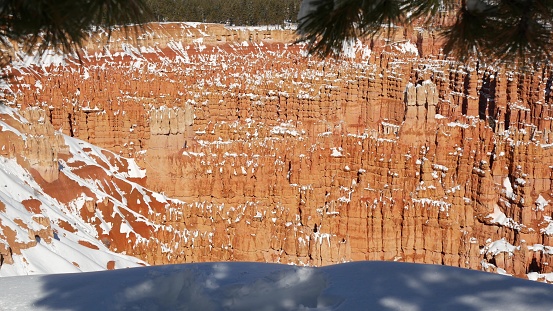 Bryce Canyon in winter, snow in Utah, USA. Hoodoos in amphitheater, eroded relief, panoramic vista point. Unique orange formation. Red sandstone and coniferous pine or fir tree. Eco tourism in America