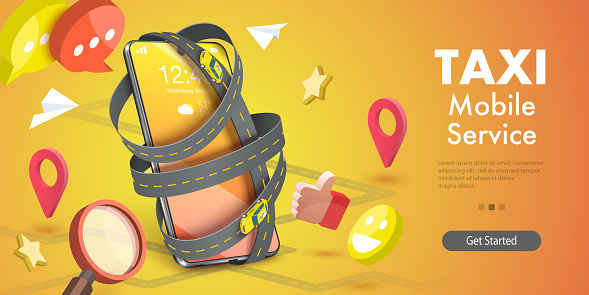 3D Isometric Flat Vector Conceptual Illustration of Mobile App for Taxi Ordering.