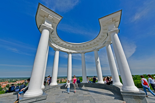 Ukraine, Poltava 06.06.2020. The People's Friendship Rotunda or White Beretka is a colonnade in Poltava, one of the symbols of the city.