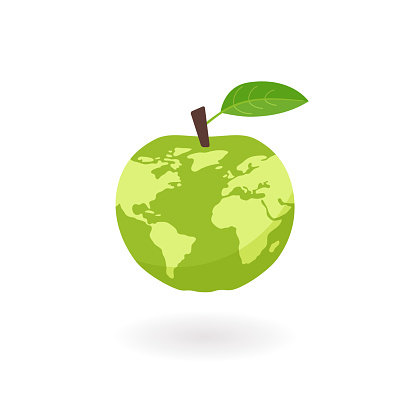 Green apple world map concept. Vector flat illustration isolated on white background