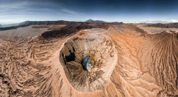 Aerial view of Mount Bromo crater is an active volcano in Bromo Tengger Semeru National park at East Java, Indonesia