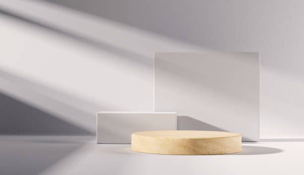 scena minimale astratta con forme geometriche. podio in legno cilindrica su sfondo bianco. per mostrare la presentazione cosmetica del prodotto. luce e ombra. - 3d scene foto e immagini stock