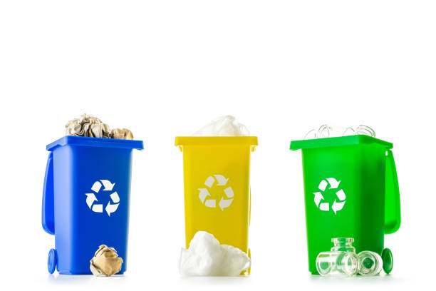 istock Trash bin. Yellow, green, blue dustbin for recycle plastic, paper and glass can trash isolated on white background. Container for disposal garbage waste and save environment. 1299801852
