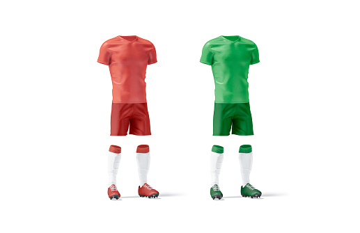 Blank red and green soccer uniform mockup set, side view, 3d rendering. Empty team player tracksuit for football match mock up, isolated. Clear t-shirt, shoes, shorts and socks for sport template.