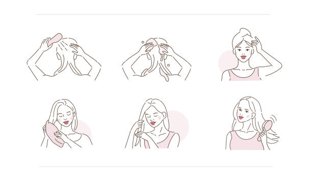 헤어 케어 - long hair hair care straight hair towel stock illustrations