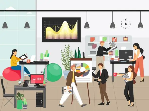Vector illustration of People work in office vector illustration. Team of employees work in business interior. Modern office workplace concept in flat style. Agile scrum board with tasks