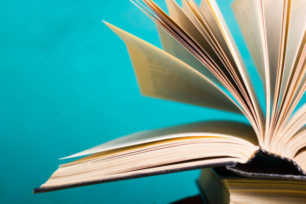 istock Books on bookshelf in Library. Back to School education concept on colored abstract blue background. Open hardback book stack in a raw on wooden desk table. 1299805433