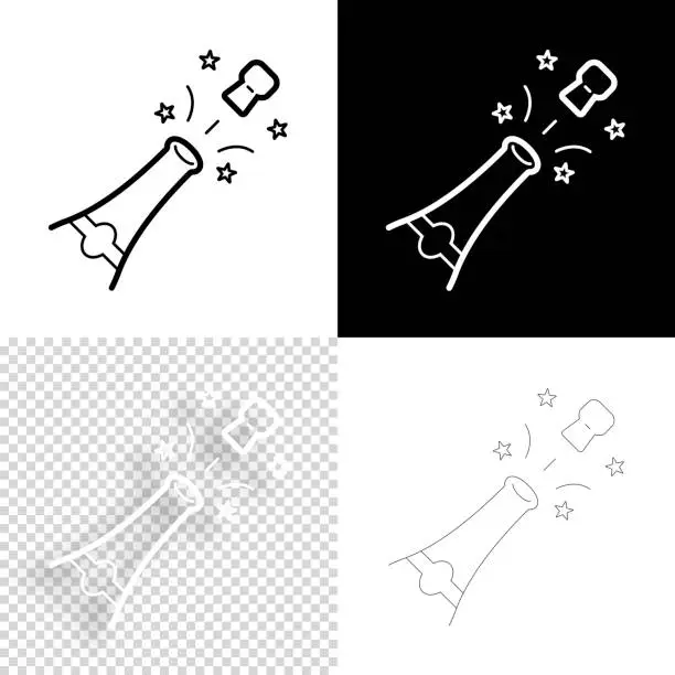 Vector illustration of Champagne explosion. Icon for design. Blank, white and black backgrounds - Line icon