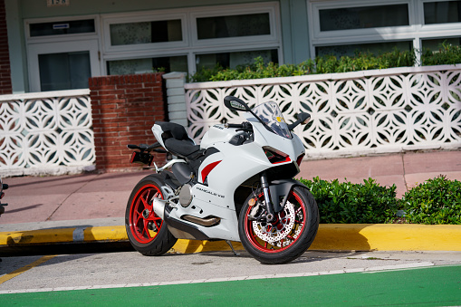 Miami, FL,. USA - January 30, 2021: Ducati Panigale V2 Motorcycle white with red rims