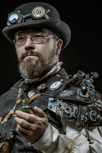 Portrait of a steampunk male military character in a studio shot