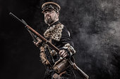 Steampunk male military character in a studio shot