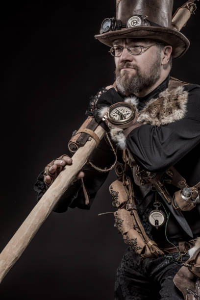 istock Steampunk male military character in a studio shot 1299809252