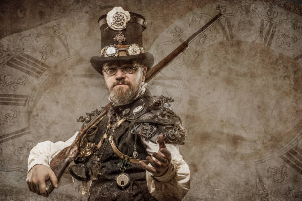 istock Steampunk male military character in a studio shot 1299809329
