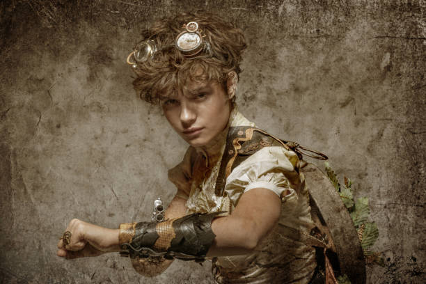 istock Headshot of a Steampunk female in a studio shot 1299809368