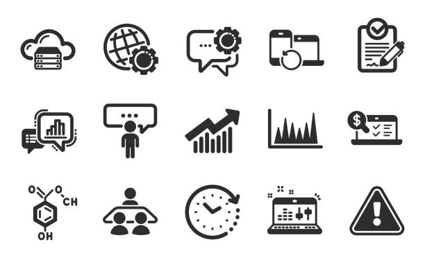 urządzenia odzyskiwania, wykres liniowy i wykres ikony zestawu. krzywa popytu, rfp i globe znaki. wektor - recovery finance business line graph stock illustrations