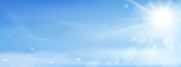 istock Blue sky with Sun shining,bird flying on altostratus clouds,Vector Cartoon sky with fluffy cirrus cloud, Concept of seasonal horizon banner in sunny day on spring and summer in the morning 1299812694