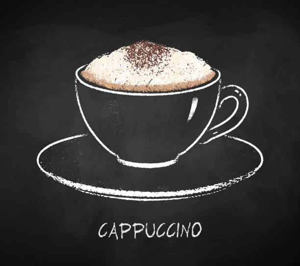 ilustraciones, imágenes clip art, dibujos animados e iconos de stock de taza de café de capuchino sobre fondo de pizarra - latté cafe macchiato cappuccino cocoa