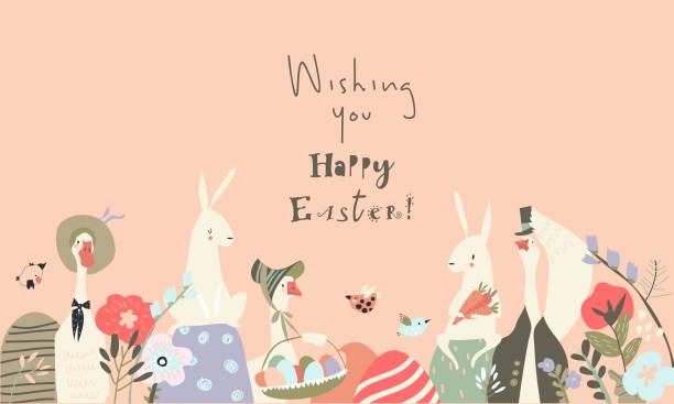 istock Cute cartoon bunnies and gooses with Easter eggs and flowers 1299814052