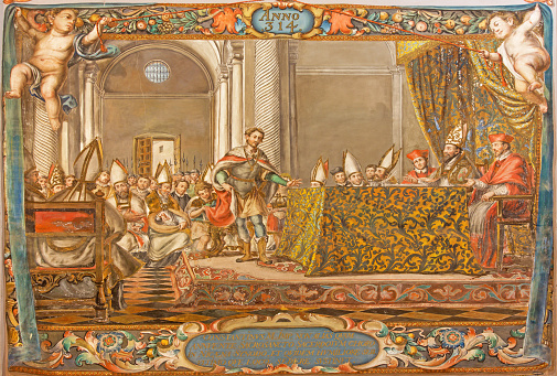 Seville - The fresco of scene as Emperor Constantine speak on the council in Nicaea (325) in church Venerables Sacerdotes by Juan de Valdes Leal (1622 - 1690)