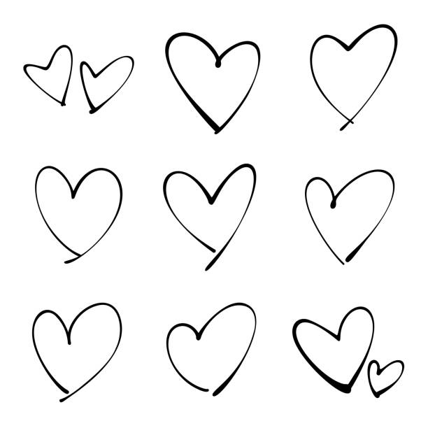 vektor handgezeichnetkindliche doodle herz-symbol-set. schwarzer strich auf weißem hintergrund. - heart stock-grafiken, -clipart, -cartoons und -symbole