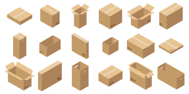 illustrazioni stock, clip art, cartoni animati e icone di tendenza di set di scatole di imballaggio in cartone isometrico. scatola di cartone chiusa e aperta. - cardboard box box open carton