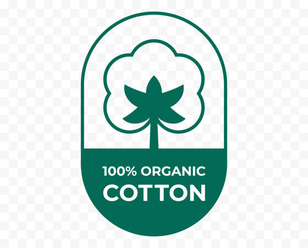 ilustraciones, imágenes clip art, dibujos animados e iconos de stock de icono de algodón, logotipo de tela orgánico natural 100% algodón, certificado de calidad vectorial y etiqueta de ropa - cotton smooth green plant