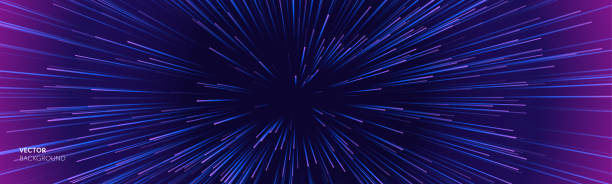공간 속도 배경, 빛 워프와 은하 추상별 폭발, 벡터. 공간 속도 네온 보라색 블루 하이퍼 스페이스 폭발 - exploding blue distorted image backgrounds stock illustrations