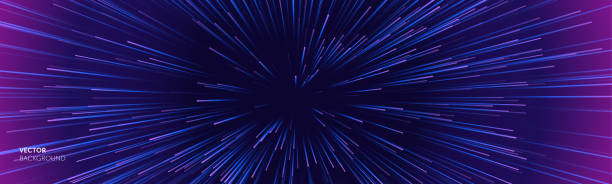 ilustrações, clipart, desenhos animados e ícones de fundo de velocidade espacial, dobra de luz e explosão de estrelas abstratas da galáxia, vetor. explosão de hiperespaço azul roxo neon de velocidade espacial - the way forward flash