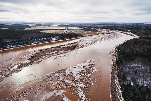 Aerial drone view of the Shubenacadie River, home to extreme tidal influence.