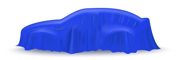 istock Blue cloth drapery covering car. Silk fabric hanging on gift for surprise reveal vector illustration. Hidden car under veil decoration on white background. Mysterious presentation event 1299821962