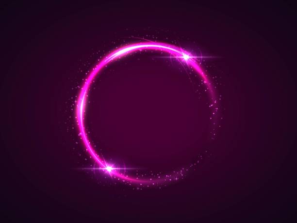istock Purple shining circle frame illustration. Glowing round border with copy space on violet background. Glittering ring, circular geometric shape with sparkling effect. Isolated design element. 1299822859