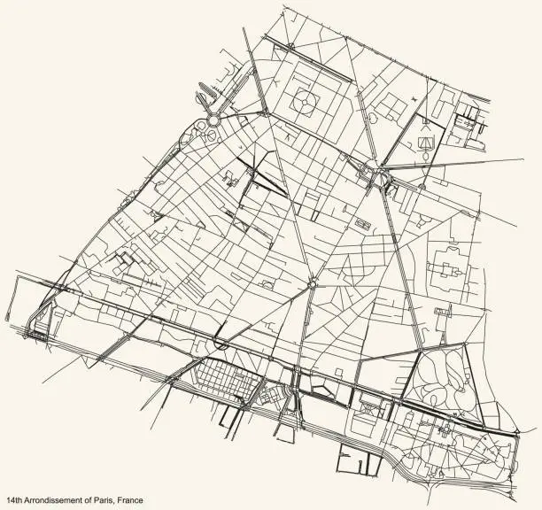 Vector illustration of Street roads map of the arrondissement de l'Observatoire, 14th arrondissement of Paris, France