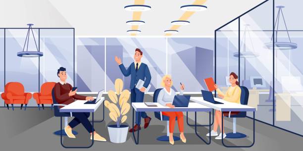 ilustrações de stock, clip art, desenhos animados e ícones de people working in office. workplace vector illustration. men and women working with laptops and talking together. horizontal panorama of workspace - modern office