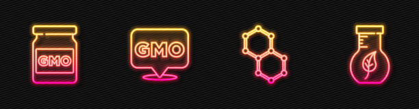 istock Set line Chemical formula, GMO, and Test tube and flask. Glowing neon icon. Vector 1299824586