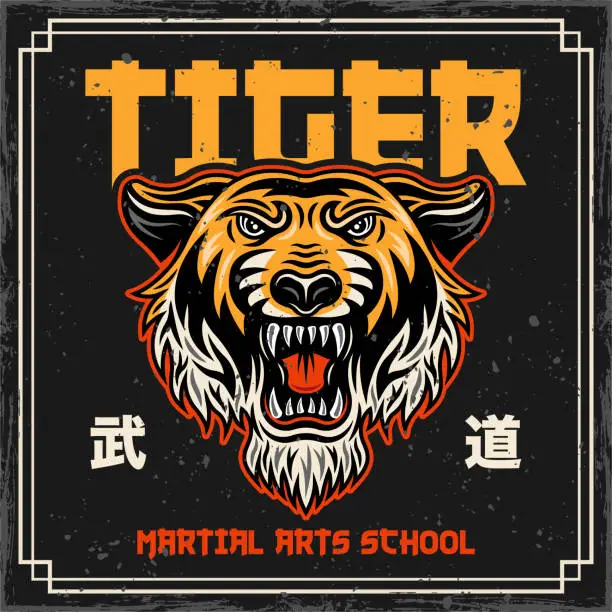 Vector illustration of Tiger head vintage colored poster in japanese style for martial arts school. Vector decorative illustration with japanese text (mean budo - modern martial arts)