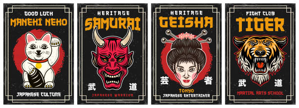 Set of four japanese culture vector decorative posters in vintage style. Geisha, horned samurai, maneki neko, tiger head Set of four japanese culture vector decorative posters in vintage style. Geisha, horned samurai, maneki neko, tiger head modern geisha stock illustrations