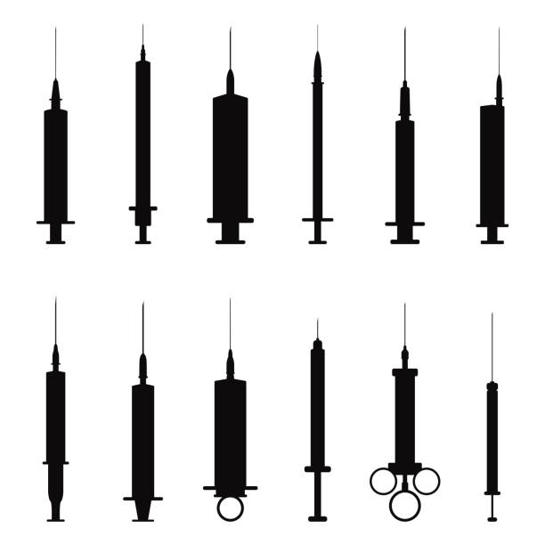 ilustraciones, imágenes clip art, dibujos animados e iconos de stock de conjunto de siluetas negras de jeringas sobre fondo blanco, ilustración vectorial - syringe