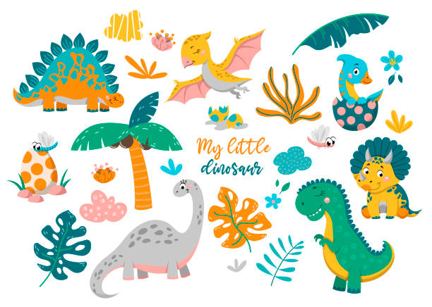 Collection of cute of baby dinosaurs Collection of cute baby dinosaurs. Hand drawn brontosaurus, tyrannosaurus, pteronadon, pterodactyl, triceratops. Set of flat cartoon vector illustrations isolated on white background dinosaur stock illustrations
