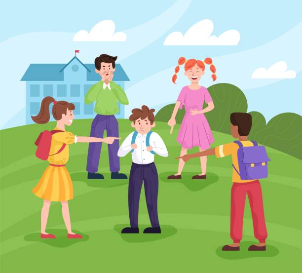 Sad little boy being bullied by his schoolmates Sad little boy being bullied by his schoolmates in schoolyard. Flat cartoon vector illustration with fictional characters child misbehaving stock illustrations