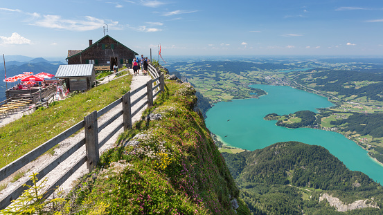 Sankt Wolfgang, Austria - July 19, 2017: Mountain hut at beautiful viewpoint top Schafberg near Sankt Wolfgang in Austria