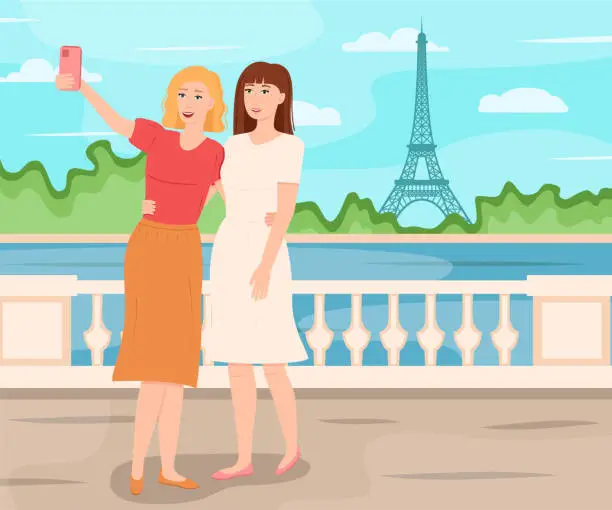 Vector illustration of Girlfriends take a photo against the backdrop of the Eiffel Tower, vector illustration