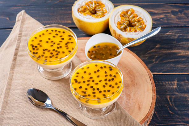 istock Passion fruit mousse. Refreshing dessert with fresh passion fruit topping 1299827975