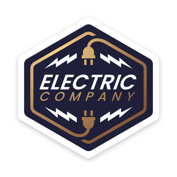 illustrazioni stock, clip art, cartoni animati e icone di tendenza di badge di design dell'azienda elettrica - power line